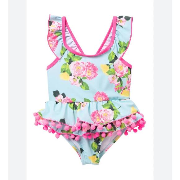 Betsey Johnson Girls Aqua Blue Hot Pink Yellow Floral Swimsuit-2T - Picture 1 of 4